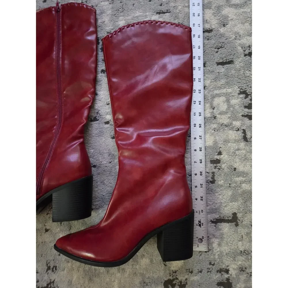 Red Burgundy Knee-High Patent Vegan Leather Boots Western Party Sexy Moto